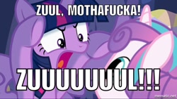 Size: 1000x563 | Tagged: safe, edit, edited screencap, imported from derpibooru, screencap, princess flurry heart, twilight sparkle, alicorn, a flurry of emotions, ghostbusters, image macro, meme, nostalgia critic, text, twilight sparkle (alicorn), vulgar, zuul