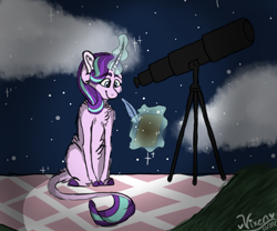 Size: 1875x1562 | Tagged: safe, artist:vixenwolf123, imported from derpibooru, starlight glimmer, classical unicorn, pony, unicorn, cloven hooves, female, glowing horn, leonine tail, night, solo, telescope, unshorn fetlocks