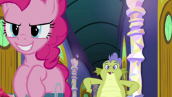 Size: 1280x720 | Tagged: safe, imported from derpibooru, screencap, pinkie pie, sludge (dragon), dragon, earth pony, pony, father knows beast, duo, evil grin, female, grin, male, mare, sludge (g4), smiling