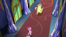 Size: 1280x720 | Tagged: safe, imported from derpibooru, screencap, pinkie pie, sludge (dragon), dragon, earth pony, pony, father knows beast, duo, female, hallway, male, mare, sludge (g4), twilight's castle