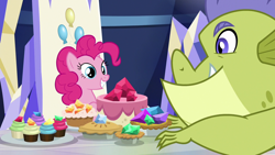 Size: 1280x720 | Tagged: safe, imported from derpibooru, screencap, pinkie pie, sludge (dragon), dragon, pony, father knows beast, cake, cupcake, duo, female, food, gem, grin, male, mare, pie, sludge (g4), smiling