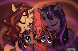 Size: 1080x704 | Tagged: safe, artist:wizong, imported from derpibooru, sunset shimmer, twilight sparkle, oc, alicorn, cute, eyes closed, female, horns are touching, lesbian, magical lesbian spawn, mother and daughter, offspring, parent:sunset shimmer, parent:twilight sparkle, parents:sunsetsparkle, shipping, sunsetsparkle, twilight sparkle (alicorn)