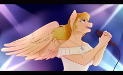 Size: 4896x3000 | Tagged: safe, artist:paperdakku, imported from derpibooru, oc, oc only, anthro, pegasus, anthro oc, clothes, commission, digital art, female, folded wings, high res, mare, microphone, open mouth, shirt, singing, solo, wings, ych result