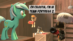 Size: 1920x1080 | Tagged: safe, artist:goatcanon, imported from derpibooru, lyra heartstrings, pegasus, pony, unicorn, comic:lyra's story, 3d, blood, comic, crossover, dead, dialogue, engineer, hightower, parachute, remake, scout, sneak peek, soldier, source filmmaker, team fortress 2, toolbox, x eyes