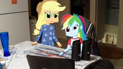 Size: 2350x1321 | Tagged: safe, artist:thomaszoey3000, imported from derpibooru, applejack, rainbow dash, equestria girls, clothes, computer, equestria girls in real life, irl, laptop computer, pajamas, photo, sleepover, speaker, speakers, table, thomaszoey3000