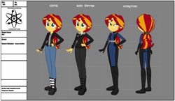 Size: 3244x1881 | Tagged: safe, artist:invisibleink, imported from derpibooru, sunset shimmer, equestria girls, alternate hairstyle, bodysuit, boots, catsuit, clothes, devious, devious face, fanfic, fanfic art, female, fingerless gloves, gloves, high res, human sunset, jacket, jeans, long hair, pants, ponytail, reference sheet, serious, serious face, shirt, shoes, show accurate, smiling, smirk, solo, spy suit