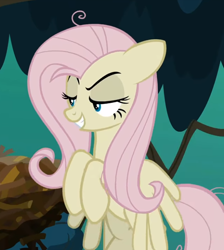 Size: 626x699 | Tagged: safe, imported from derpibooru, screencap, mean fluttershy, pegasus, pony, the mean 6, clone, cropped, everfree forest, evil grin, female, flying, lidded eyes, mare, mocking, raised eyebrow, smiling