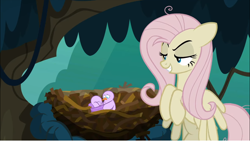 Size: 1248x702 | Tagged: safe, imported from derpibooru, screencap, mean fluttershy, bird, pegasus, pony, the mean 6, bird nest, clone, everfree forest, female, flying, grin, lidded eyes, mare, mocking, nest, smiling