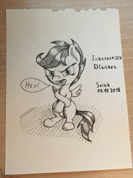 Size: 907x1210 | Tagged: safe, artist:stink111, imported from derpibooru, scootaloo, pegasus, pony, female, filly, monochrome, scootachicken, solo, traditional art