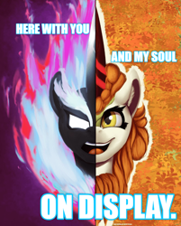 Size: 625x778 | Tagged: safe, imported from derpibooru, autumn blaze, kirin, nirik, sounds of silence, bust, daiki kasho, female, portrait, soul on display, text, two sided posters