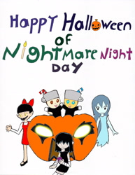 Size: 2529x3270 | Tagged: safe, artist:pokeneo1234, imported from derpibooru, pound cake, pumpkin cake, crossover, cuphead, cuphead (character), gegege no kitaro, halloween, holiday, jack-o-lantern, lucy loud, mugman, neko musume, nightmare night, pumpkin, spooky, spooky house of jumpscare, the loud house