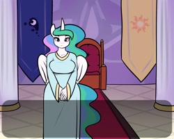 Size: 1280x1024 | Tagged: safe, artist:elzzombie, imported from derpibooru, princess celestia, alicorn, anthro, clothes, dress, female, mare, solo