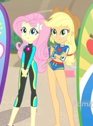 Size: 480x653 | Tagged: safe, imported from derpibooru, screencap, applejack, fluttershy, blue crushed, equestria girls, equestria girls series, animation error, applejack's hat, belly button, clothes, confused, cowboy hat, cropped, crossed arms, female, fluttershy's wetsuit, freckles, geode of fauna, geode of super strength, hat, jewelry, legs, magical geodes, necklace, surfboard, swimsuit, wetsuit