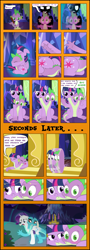 Size: 4338x12000 | Tagged: safe, artist:mlpconjoinment, imported from derpibooru, princess ember, rarity, spike, twilight sparkle, alicorn, dragon, pony, unicorn, absurd resolution, blushing, broom, cheek squish, circling stars, comic, conjoined, derp, dizzy, dragging, eyes closed, fangs, floppy ears, fusion, fusion:embrarity, fusion:princess ember, fusion:rarity, grin, gritted teeth, implied emberspike, implied shipping, implied sparember, implied sparity, implied straight, magic, multiple heads, nightmare night, silhouette, smiling, squishy cheeks, sweeping, the worst possible thing, transformation, tumbling, twilight sparkle (alicorn), twilight's castle, two heads, we have become one, what has magic done