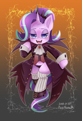 Size: 865x1280 | Tagged: safe, artist:bbtasu, imported from derpibooru, starlight glimmer, pony, semi-anthro, unicorn, vampire, belly button, clothes, cuffs (clothes), female, halloween, holiday, mare, nightmare night, socks, solo