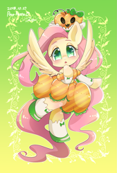 Size: 865x1280 | Tagged: safe, artist:bbtasu, imported from derpibooru, fluttershy, pegasus, pony, bow, clothes, dress, female, looking at you, mare, nightmare night, pumpkin, solo, spread wings, wings