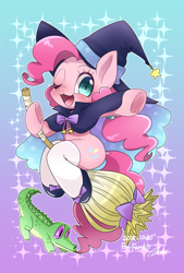 Size: 865x1280 | Tagged: safe, artist:bbtasu, imported from derpibooru, gummy, pinkie pie, earth pony, pony, broom, cute, diapinkes, female, flying, flying broomstick, mare, nightmare night, one eye closed, wink, witch