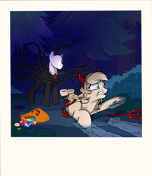 Size: 823x952 | Tagged: safe, artist:rutkotka, imported from derpibooru, oc, oc:vital sparkle, candy, dark, devil, food, forest, halloween, holiday, nightmare night, pitchfork, scared, slenderman, this will end in death, this will end in tears and/or death