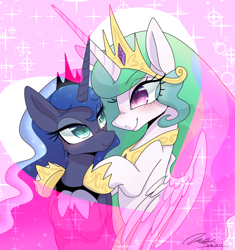 Size: 1170x1245 | Tagged: safe, artist:bbtasu, imported from derpibooru, princess celestia, princess luna, alicorn, pony, blushing, crown, duo, female, heart, hug, jewelry, looking at each other, mare, regalia, royal sisters, sibling love, siblings, sisterly love, sisters, sparkles