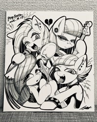 Size: 1620x2048 | Tagged: safe, artist:bbtasu, imported from derpibooru, limestone pie, marble pie, maud pie, pinkie pie, earth pony, pony, band, bass guitar, drumsticks, ear piercing, electric guitar, female, guitar, mare, microphone, musical instrument, pie sisters, piercing, siblings, singing, sisters, traditional art