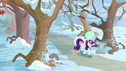 Size: 1440x810 | Tagged: safe, imported from derpibooru, screencap, rarity, pony, unicorn, best gift ever, bare tree, clothes, female, glasses, hat, magic, magic aura, mare, oak tree, paper, path, snow, solo, sweet acorn orchard, telekinesis, tree, winter, winter outfit