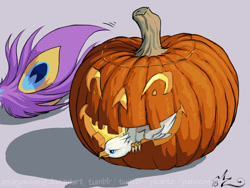 Size: 1200x900 | Tagged: safe, artist:amarynceus, imported from derpibooru, oc, oc only, oc:der, oc:gyro feather, oc:gyro tech, griffon, digital art, duo, griffon oc, griffonized, halloween, holiday, jack-o-lantern, male, micro, pumpkin, species swap, tail, tail feathers