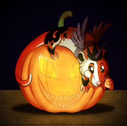 Size: 900x897 | Tagged: safe, artist:inuhoshi-to-darkpen, imported from derpibooru, tiberius, opossum, eating, female, halloween, holiday, implied nightmare moon, implied princess luna, jack-o-lantern, nightmare night, pet, pumpkin, solo