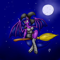 Size: 1200x1200 | Tagged: safe, artist:short circuit, imported from derpibooru, oc, oc only, oc:violet, anthro, bat pony, changeling, broom, clothes, flying, flying broomstick, halloween, hat, holiday, moon, socks, solo, stars, witch, witch hat