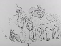 Size: 1280x960 | Tagged: safe, artist:greyscaleart, imported from derpibooru, princess celestia, princess luna, twilight sparkle, pony, clothes, costume, darth vader, death star, female, filly, filly twilight sparkle, luna is not amused, mare, monochrome, royal sisters, sketch, star wars, stormtrooper, that's no moon, unamused, younger