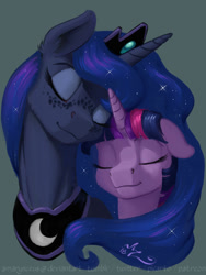 Size: 900x1200 | Tagged: safe, artist:amarynceus, imported from derpibooru, princess luna, twilight sparkle, alicorn, pony, crown, eyes closed, female, freckles, jewelry, lesbian, mare, nuzzling, peytral, regalia, shipping, simple background, smiling, twiluna