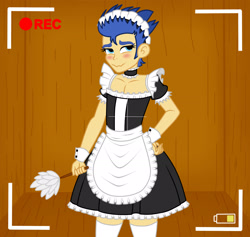 Size: 1900x1800 | Tagged: safe, artist:mashoart, imported from derpibooru, flash sentry, equestria girls, blushing, camera shot, clothes, crossdressing, dress, duster, girly sentry, implied porn, maid, maid headdress, maid sentry, male, solo, stockings, thigh highs, trap sentry