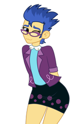 Size: 1200x1800 | Tagged: safe, artist:mashoart, imported from derpibooru, flash sentry, juniper montage, equestria girls, :3, clothes, clothes swap, crossdressing, dress, glasses, looking at you, solo