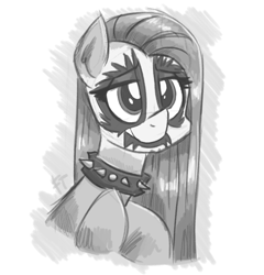 Size: 1280x1335 | Tagged: safe, artist:flutterthrash, imported from derpibooru, pinkie pie, pony, black metal, collar, corpse paint, face paint, female, metal, monochrome, pinkamena diane pie, punkamena, punkie pie, sketch, solo, spiked collar