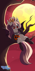 Size: 2000x4000 | Tagged: safe, artist:xwhitedreamsx, imported from derpibooru, oc, oc only, oc:sweet velvet, bat pony, pony, against tree, bat pony oc, bowsette, female, full moon, halloween, holiday, moon, night, nintendo, red eyes, solo, stars, super mario bros., tree