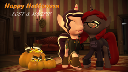 Size: 1920x1080 | Tagged: safe, artist:razethebeast, imported from derpibooru, oc, oc only, oc:curse word, oc:magpie, pony, unicorn, 3d, candy, clothes, eyes closed, female, food, glasses, happy halloween, lesbian, open mouth, pumpkin, source filmmaker