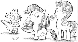 Size: 599x323 | Tagged: safe, artist:tascoby, imported from derpibooru, rarity, spike, starlight glimmer, dragon, pony, unicorn, eating, female, food, handkerchief, inktober, inktober 2018, male, monochrome, pie