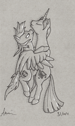 Size: 1181x2000 | Tagged: safe, artist:theandymac, imported from derpibooru, oc, oc only, alicorn, pegasus, pony, alicorn oc, cuddling, hug, inktober, inktober 2018, male, monochrome, stallion, traditional art, winghug