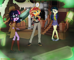 Size: 5978x4865 | Tagged: safe, artist:invisibleink, imported from derpibooru, juniper montage, sci-twi, sunset shimmer, twilight sparkle, ghost, equestria girls, equestria girls series, absurd resolution, clock, clothes, costume, crossover, daphne blake, deerstalker, detective, ghostbusters, halloween, halloween 2018, hat, holiday, house, scooby doo, sherlock holmes, sherlock sparkle