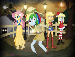 Size: 6400x4867 | Tagged: safe, artist:invisibleink, imported from derpibooru, applejack, daring do, derpy hooves, fluttershy, rainbow dash, equestria girls, absurd resolution, autumn, bare shoulders, christmas, clothes, costume, halloween, halloween 2018, hat, holiday, house, moon, santa costume, santa hat, snow white, strapless, tree, wonder woman, wonderjack