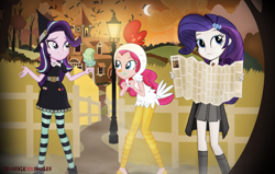 Size: 7080x4489 | Tagged: safe, artist:invisibleink, imported from derpibooru, pinkie pie, rarity, starlight glimmer, equestria girls, absurd resolution, animal costume, autumn, barn, chicken pie, chicken suit, clothes, costume, farm, fence, food, halloween, halloween 2018, hat, hay, hermione granger, holiday, hollow shades, ice cream, lamp, map, moon, tree, witch, witch hat