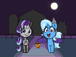 Size: 1767x1325 | Tagged: safe, artist:lyrabop, imported from derpibooru, starlight glimmer, trixie, pony, unicorn, bat pony costume, clothes, costume, duo, female, full moon, glowing horn, halloween, halloween costume, holiday, magic, mare, moon, night, nightmare night, nightmare night costume, pumpkin bucket, skeleton costume, spread wings, stars, telekinesis, trick or treat, wings