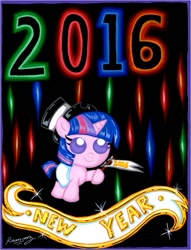 Size: 809x1057 | Tagged: safe, artist:rammzblood, imported from derpibooru, twilight sparkle, pony, unicorn, baby, baby pony, babylight sparkle, diaper, female, filly, filly twilight sparkle, flag, happy new year 2016, hat, hoof hold, new year, op is a slowpoke, slowpoke, solo, top hat, unicorn twilight, younger