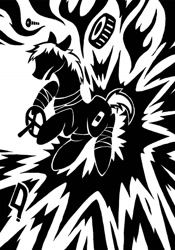 Size: 748x1067 | Tagged: safe, artist:sunnyclockwork, imported from derpibooru, pony, abstract background, accident, black and white, car accident, car crash, dr. gerald, explosion, grayscale, monochrome, scp, scp foundation, scp-666-j, solo