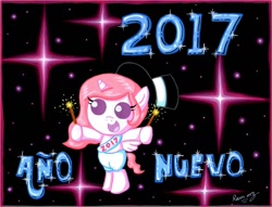 Size: 1408x1075 | Tagged: safe, artist:rammzblood, imported from derpibooru, princess celestia, pony, clothes, female, happy new year 2017, hat, hoof hold, op is a slowpoke, pants, sash, solo, spanish, sparkler (firework), sparkles, stars, top hat