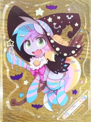 Size: 902x1200 | Tagged: safe, artist:kolshica, imported from derpibooru, oc, oc only, oc:rokuchan, bat, broom, clothes, flying, flying broomstick, halloween, hat, holiday, japan ponycon, socks, solo, striped socks, witch hat