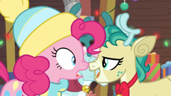 Size: 1920x1080 | Tagged: safe, imported from derpibooru, screencap, alice the reindeer, aurora the reindeer, pinkie pie, deer, earth pony, pony, reindeer, best gift ever, boop, female, grove of the gift givers, looking at each other, mare, nose to nose, nose wrinkle, noseboop