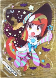 Size: 868x1200 | Tagged: safe, artist:kolshica, imported from derpibooru, oc, oc only, oc:poniko, bat, broom, clothes, flying, flying broomstick, halloween, hat, holiday, japan ponycon, socks, solo, striped socks, witch hat