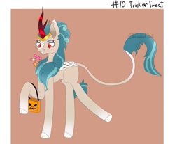 Size: 983x812 | Tagged: safe, artist:dawnstarredtail, imported from derpibooru, rain shine, kirin, candy, female, food, halloween, holiday, levitation, magic, pumpkin bucket, raised hoof, raised leg, solo, sweets, telekinesis, trick or treat