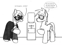 Size: 1121x821 | Tagged: safe, artist:dsb71013, imported from derpibooru, oc, oc only, oc:night cap, oc:static signal, clothes, comic, costume, hoof hold, lineart, monochrome, phantom of the opera, tired