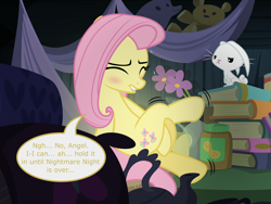 Size: 8000x6000 | Tagged: safe, artist:ithinkitsdivine, imported from derpibooru, angel bunny, fluttershy, pegasus, pony, scare master, season 5, absurd resolution, animal, bed, blushing, book, covering crotch, crossed legs, desperation, dialogue, duo, female, fetish, food, halloween, hiding, holiday, lip bite, male, need to pee, night, nightmare night, omorashi, peanut butter, potty dance, potty emergency, potty time, show accurate, sitting, squirming, struggling, sweat, teddy bear